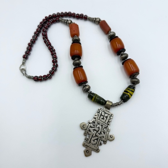 Vintage Ethiopian Coptic Hinged Cross Necklace Amber Bakelite Carnelian Beads - Picture 3 of 9